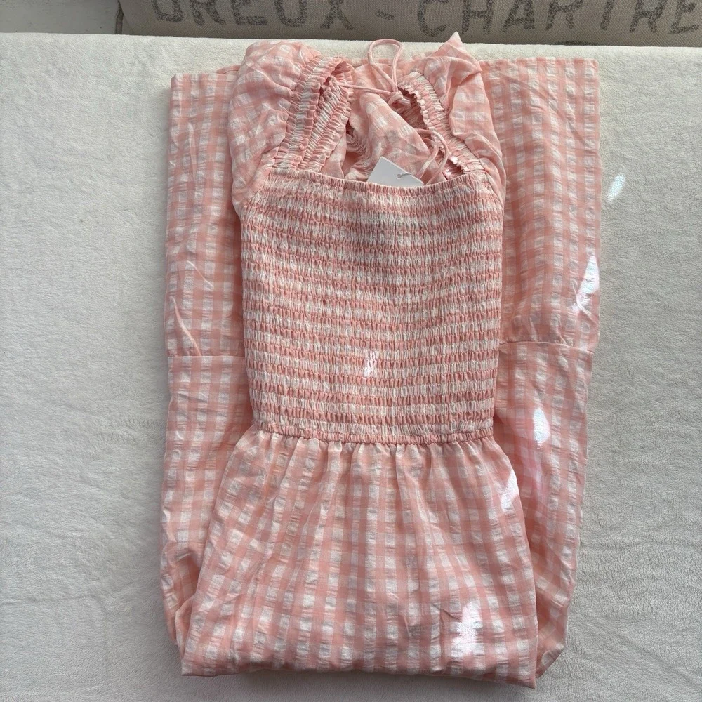 ZESICA Pink White Plaid Gingham Maxi Dress NWT Smocked Tiered Size L - Picture 11 of 12